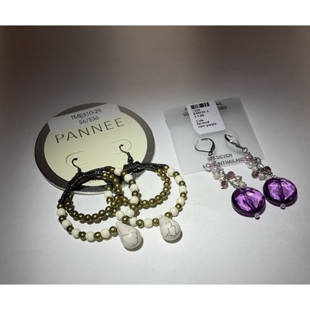 NWT Pannee Lot of 2‎ Boho Loop/Hoop White Stone Earrings&Dang Purple Drop